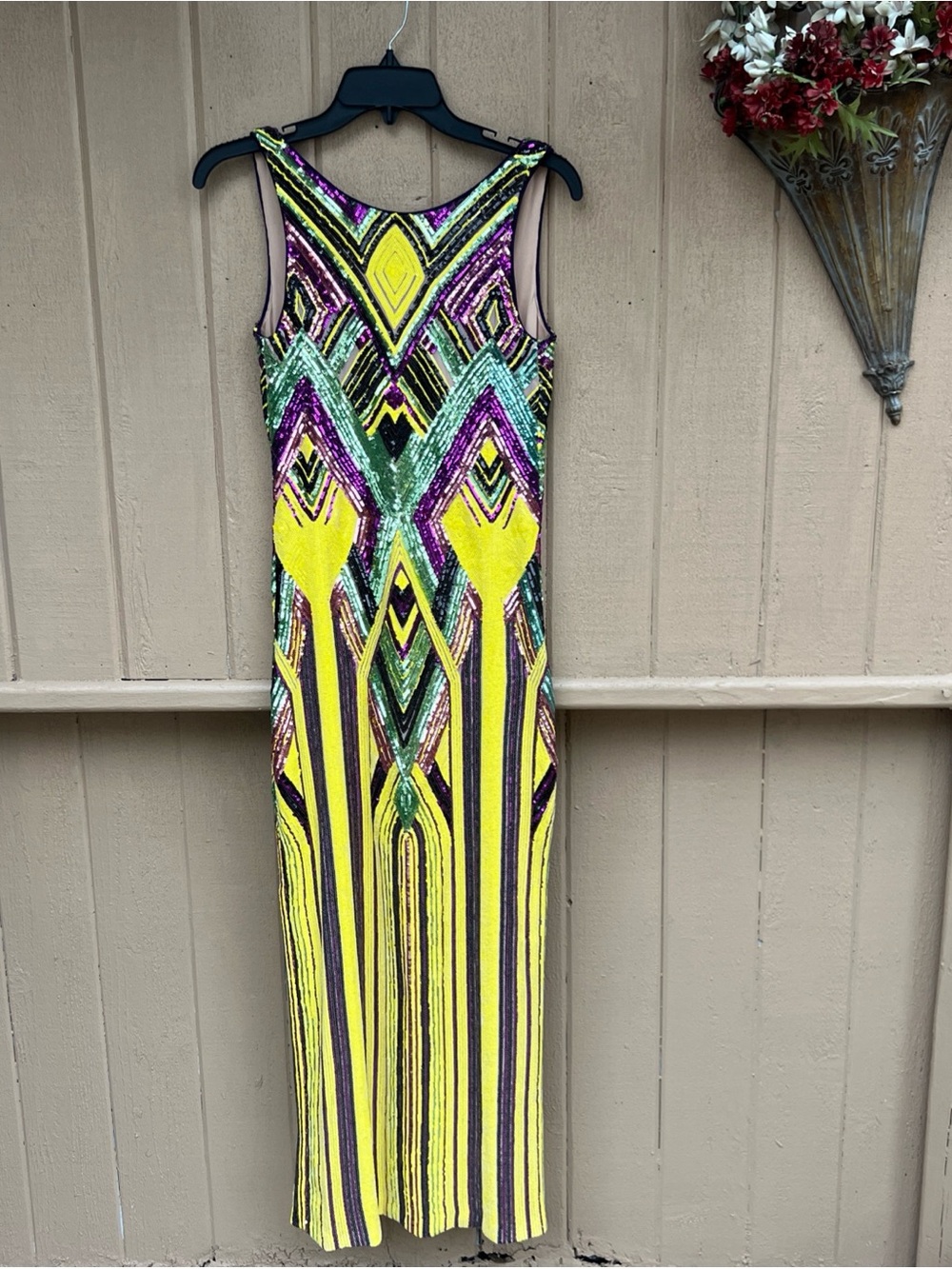 NWT Le Superbe Yellow Purple Sequin Geometric Maxi Dress Deep V Back XS/S